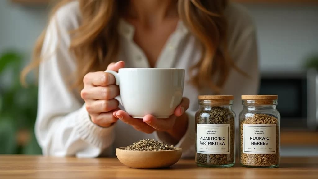 A woman in her forties holding a warm mug of herbal tea beside labeled jars of dried adaptogenic herbs on a kitchen counter