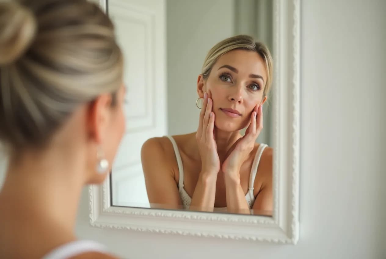 A woman in her early 50s gently examining her skin in a bright bathroom mirror with a calm expression
