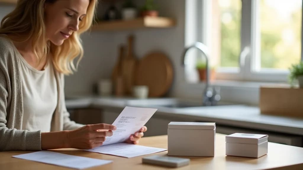 A woman in her late forties reading the instructions on an at-home hormone test kit at her kitchen table