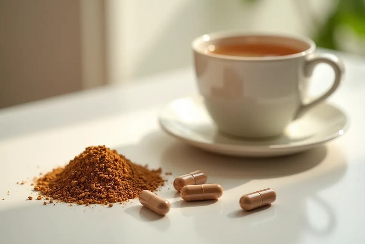 Dried ashwagandha roots and loose powder in a small ceramic dish on a plain light surface, with a few unlabeled capsules beside them.
