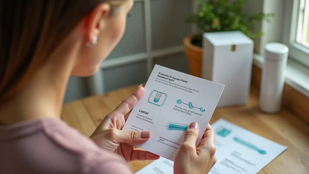 A woman at a kitchen table reading the instructions on an at-home finger-prick hormone test kit