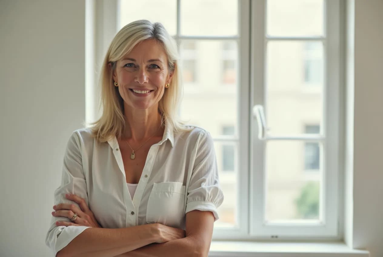 A calm, confident, healthy woman in her mid-50s standing by a bright window