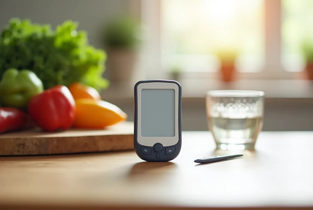 A home blood-glucose meter showing a reading beside a small notebook and a lancing device on a kitchen table.