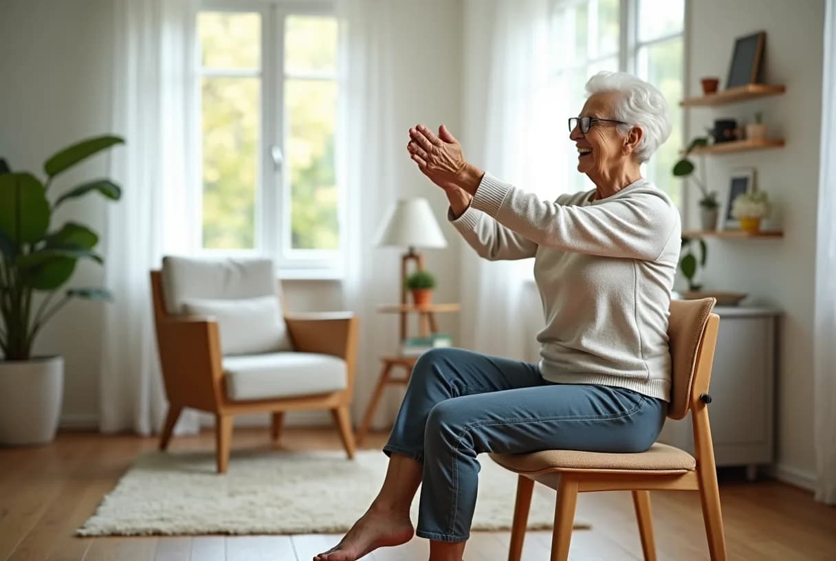 A woman in her sixties sitting tall at the front of a firm dining chair, feet flat on the floor, pulling a resistance band looped under her feet into a seated row.