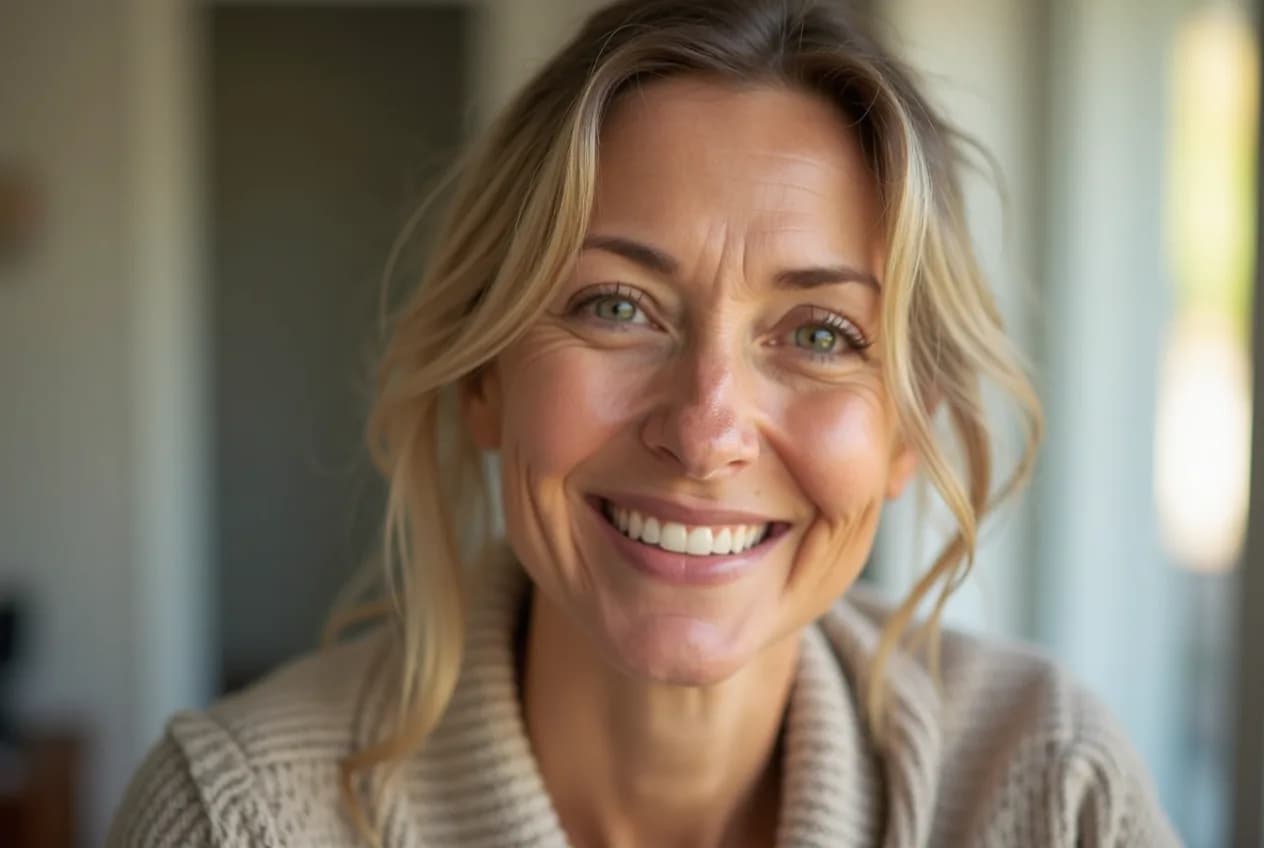A healthy woman in her late 40s with clear skin in soft natural light