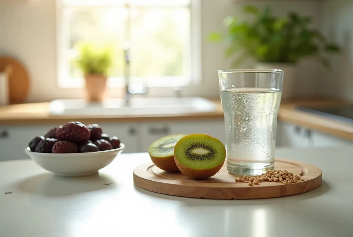 A tall glass of water beside a bowl of prunes, sliced kiwifruit, and oats on a bright kitchen counter, with walking shoes in the background.