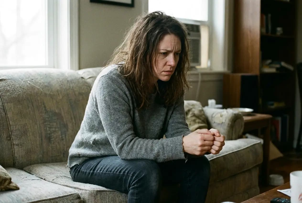 A woman in her 30s sitting on a couch looking anxious and tense