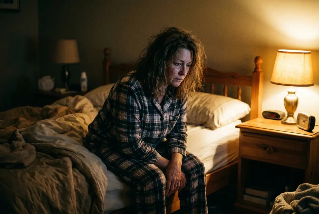 A woman in her late 40s sitting on the edge of her bed at night, unable to sleep