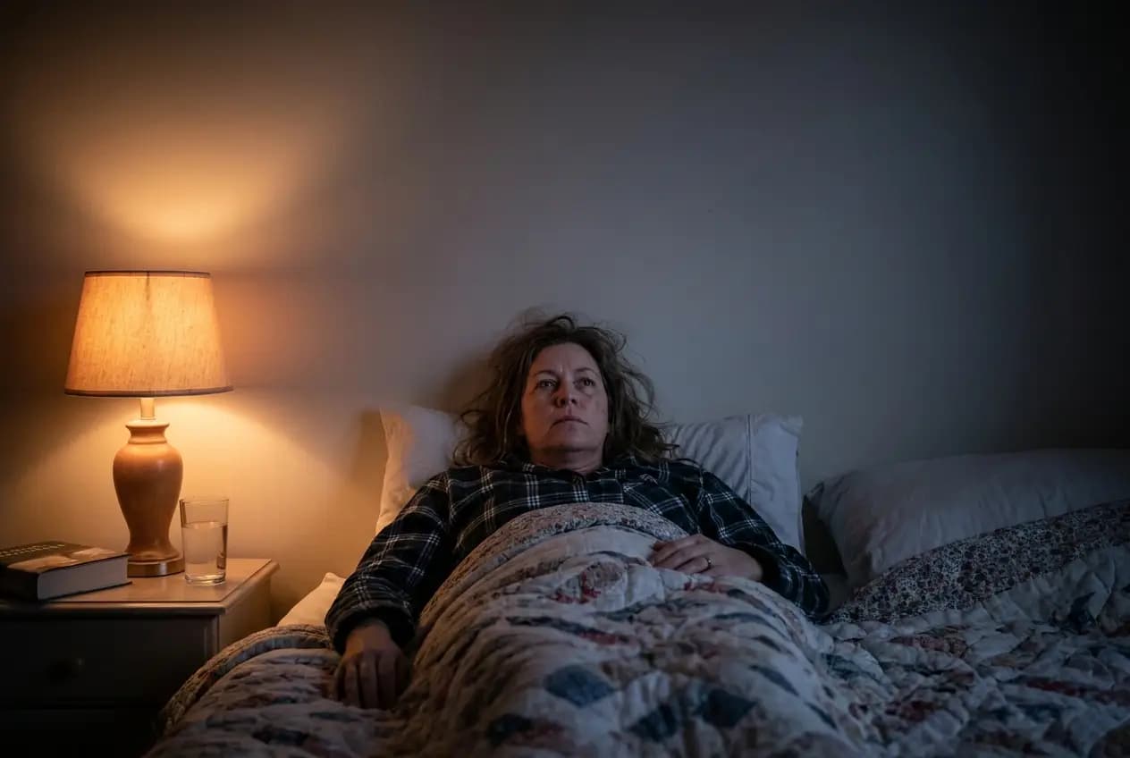 A woman in her 40s lying awake in bed at night, unable to sleep