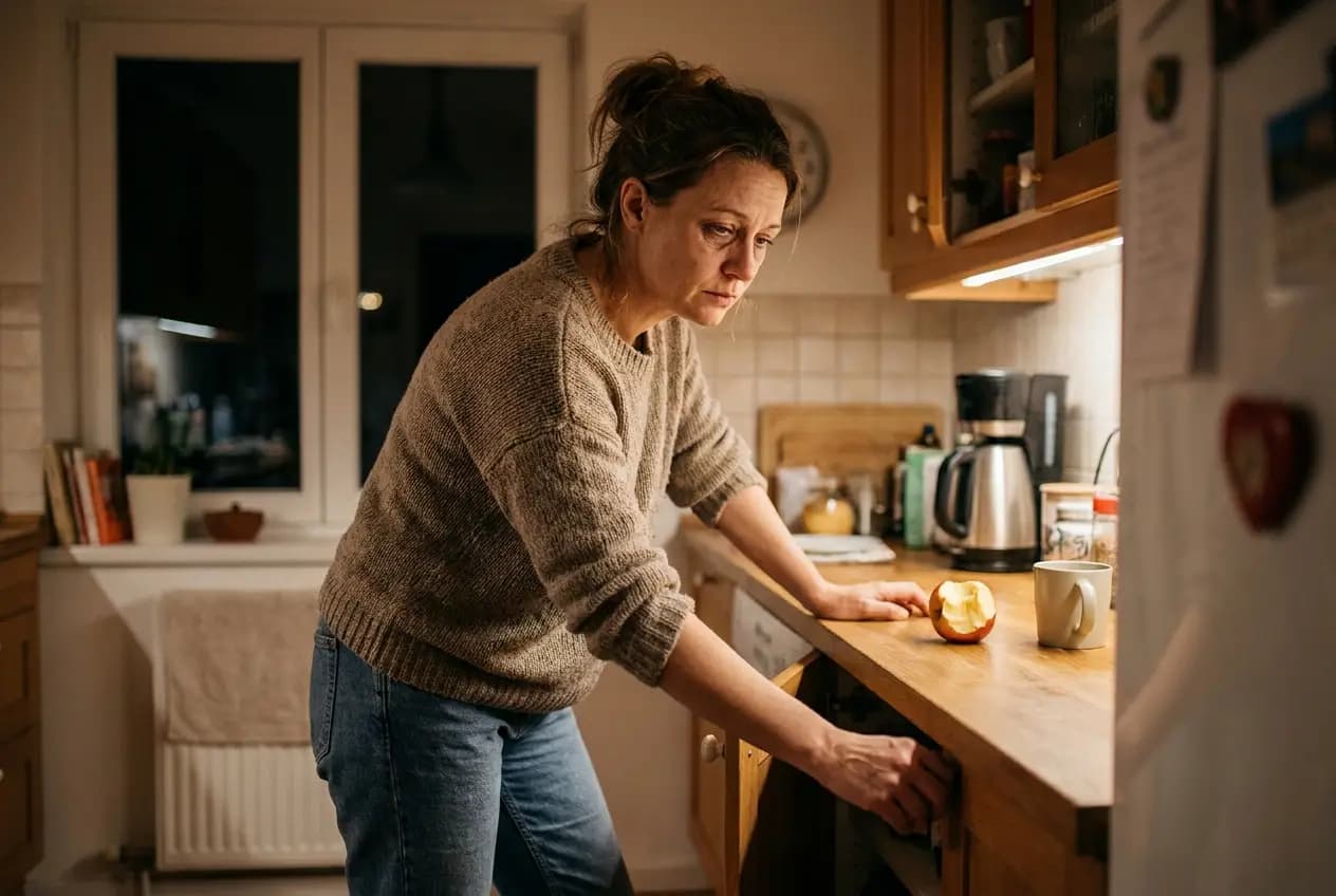 A tired woman in her 40s reaching for a snack at the kitchen counter in the evening