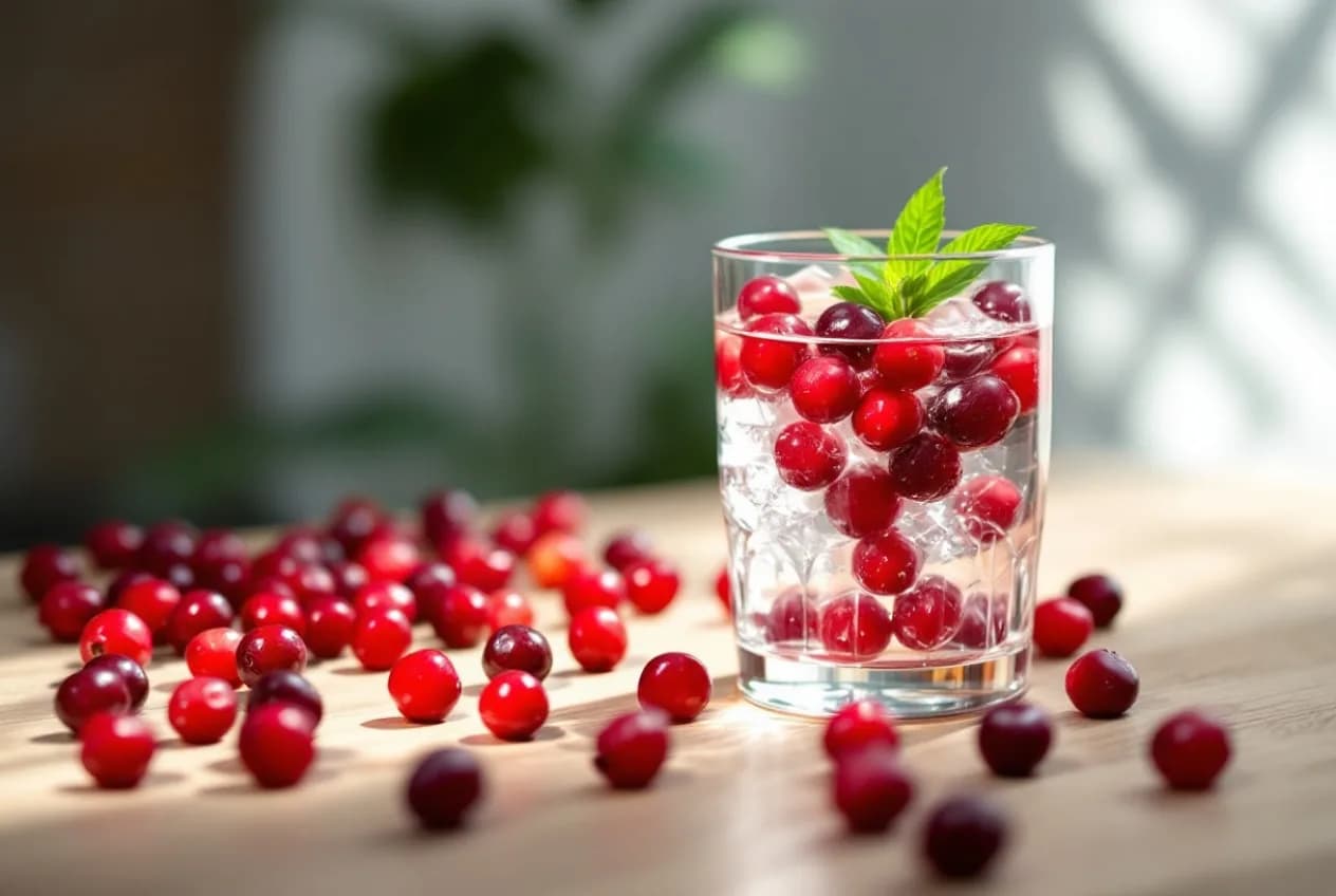 A glass of water with fresh cranberries on a light wooden table