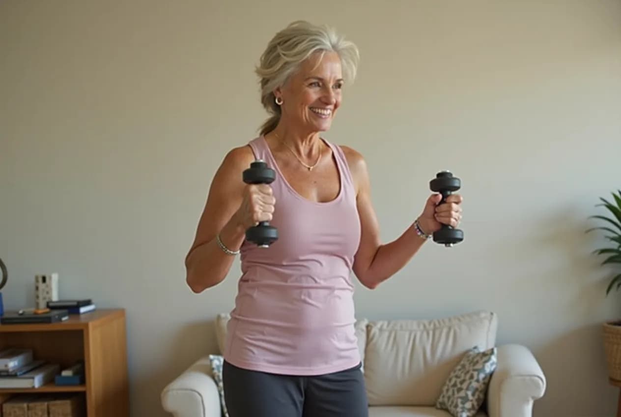A woman in her mid-50s in activewear doing a strength exercise with light dumbbells at home