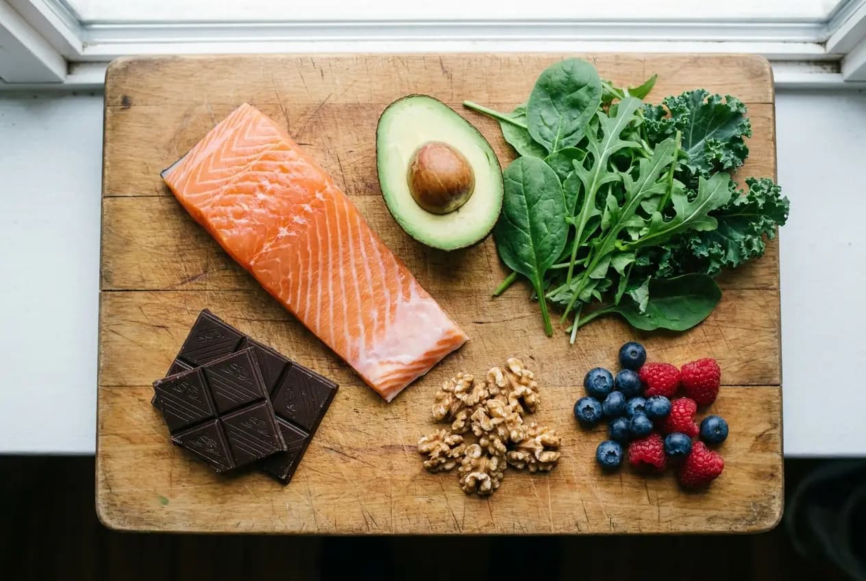 An overhead flat-lay of calming whole foods — salmon, avocado, leafy greens, dark chocolate, walnuts, and berries
