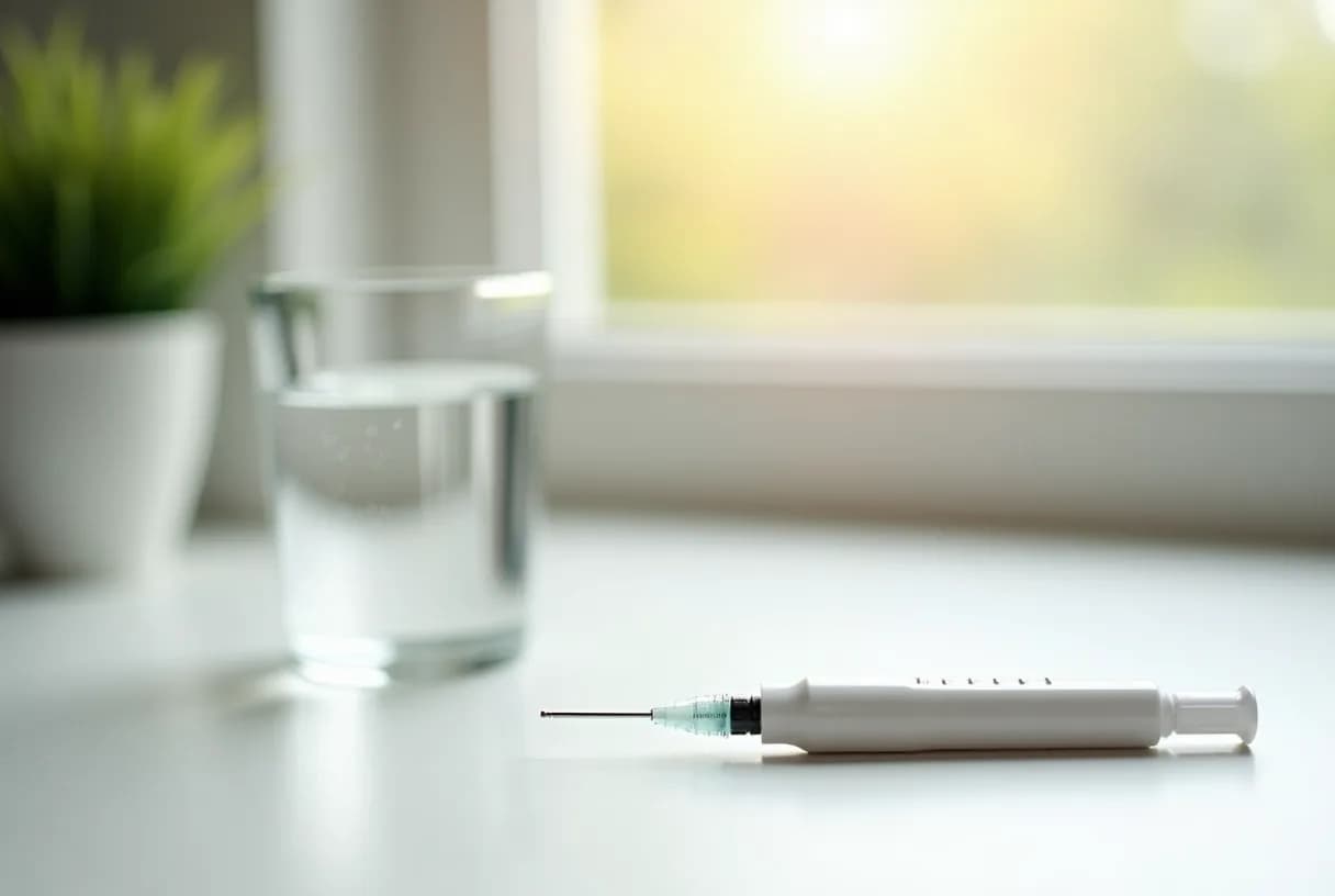 An unbranded medical injection pen lying on a clean neutral surface next to a glass of water in soft daylight, with no text visible