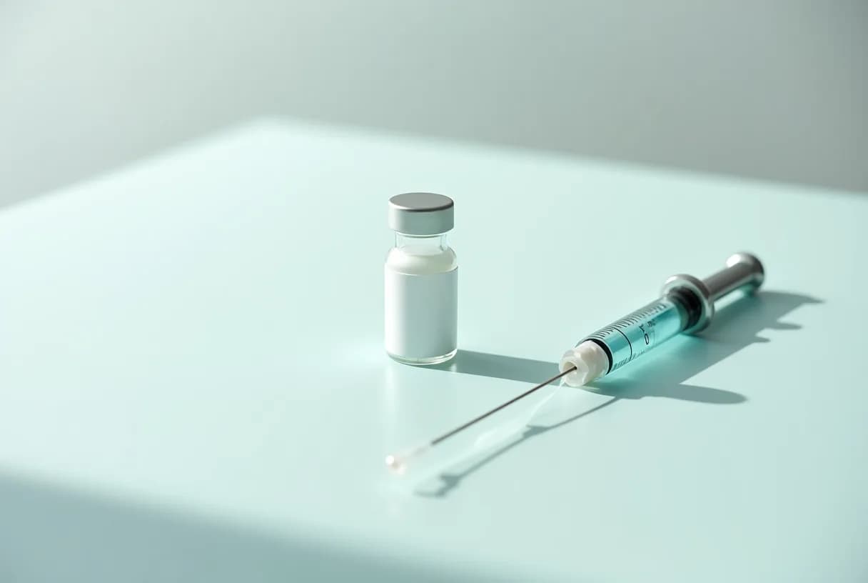 A plain, unbranded medical injection pen and a small glass vial resting on a clean neutral surface beside a notebook