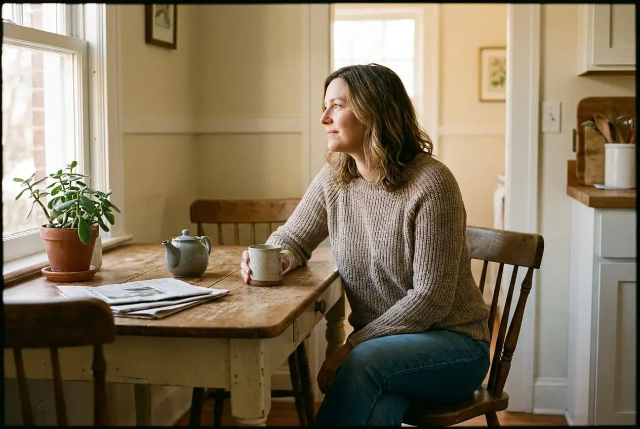 A woman in her 40s sitting at a kitchen table with a cup of tea, looking calm and reflective