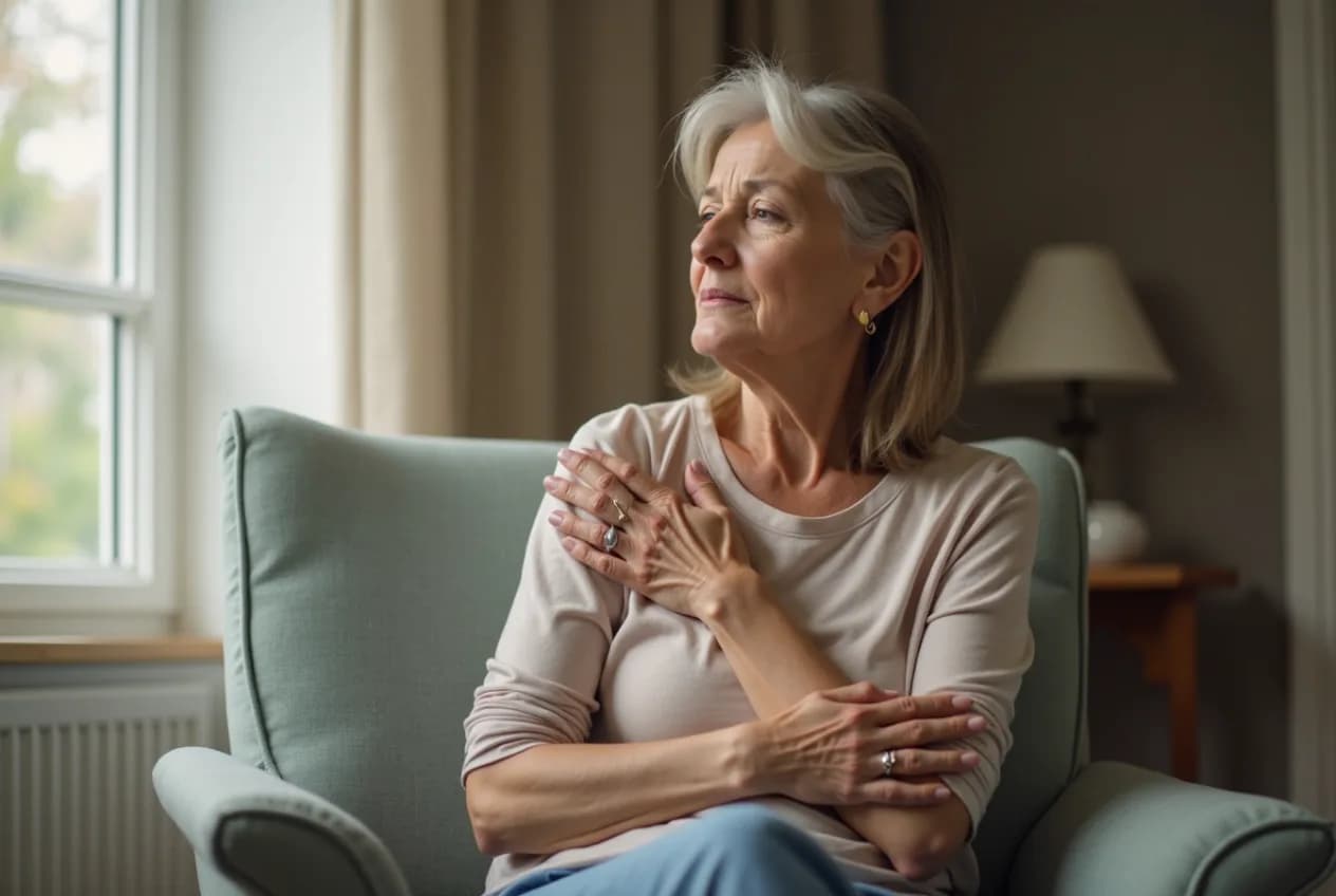 A woman in her 50s resting a hand on her upper chest and jaw, looking unwell and concerned