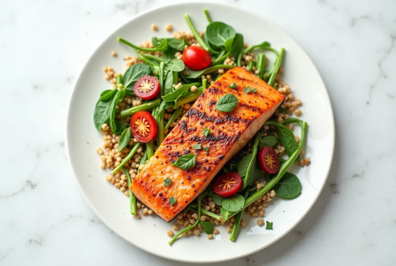 A colorful Mediterranean-style plate of vegetables, whole grains, fish and olive oil on a table