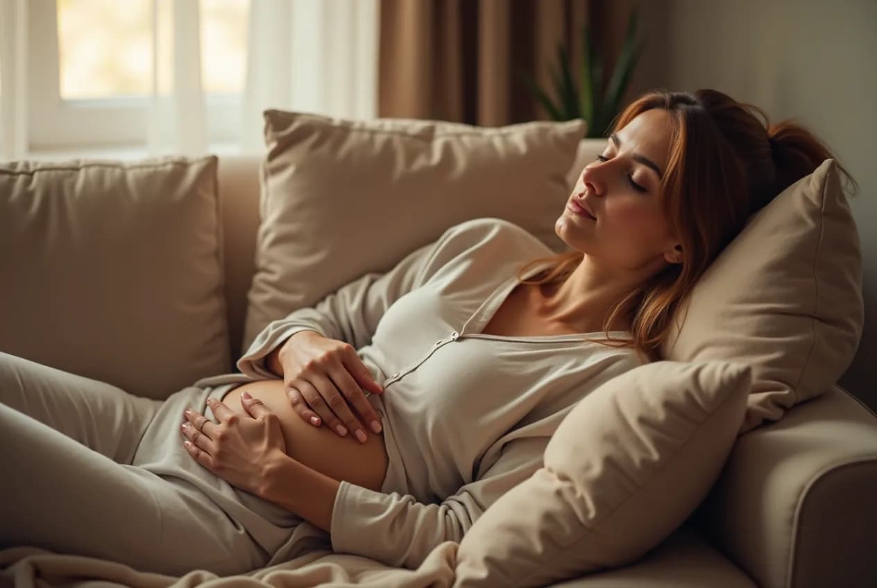 A woman in her late 30s resting calmly on a sofa with a hot water bottle against her lower abdomen