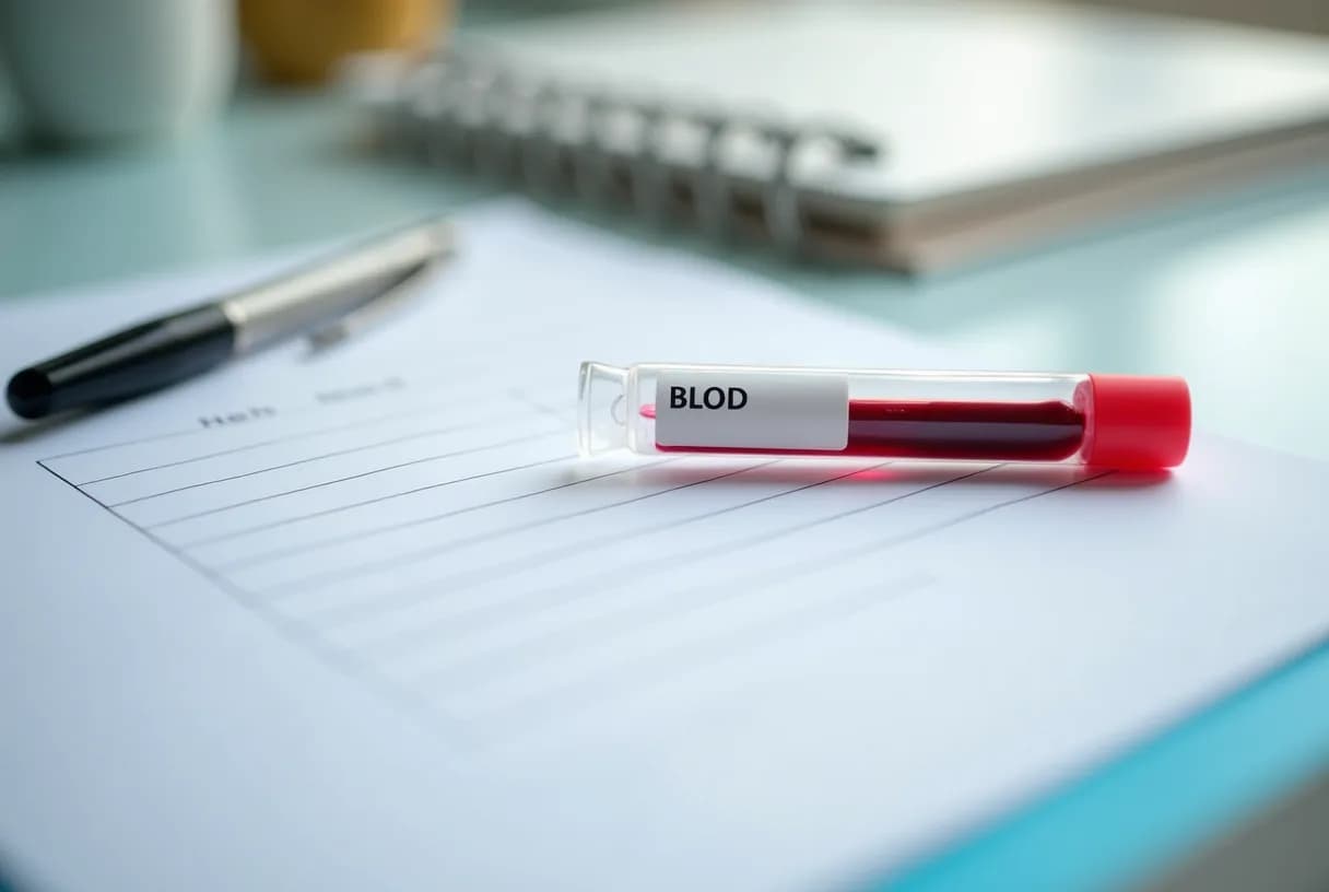 A woman in her fifties sitting at a kitchen table reviewing a printed blood test report, with a glass of water and reading glasses beside her.