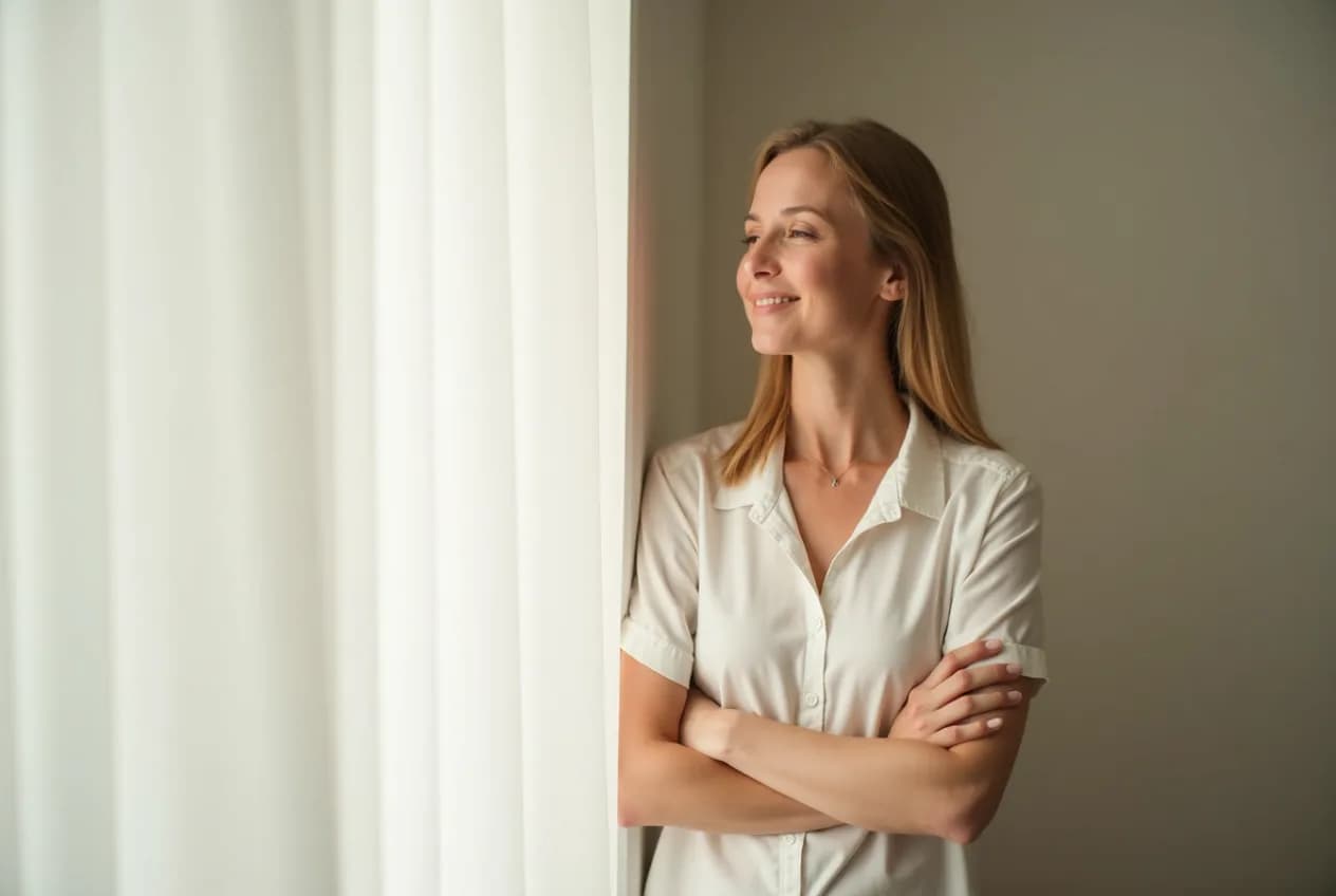 A calm healthy woman in her 40s standing by a bright window with a serene expression
