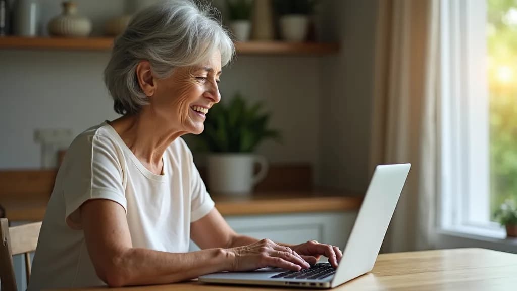 A woman in her fifties sitting at a kitchen table having a video consultation with a clinician on a laptop.