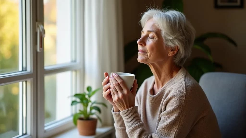 A woman in her fifties sitting calmly by a window with a cup of tea, eyes closed, taking a slow breath
