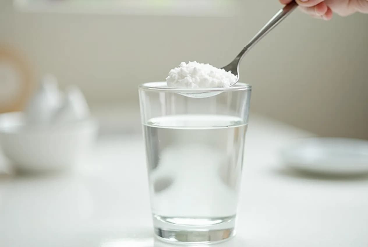 A scoop of white powder being stirred into a glass of water on a kitchen counter