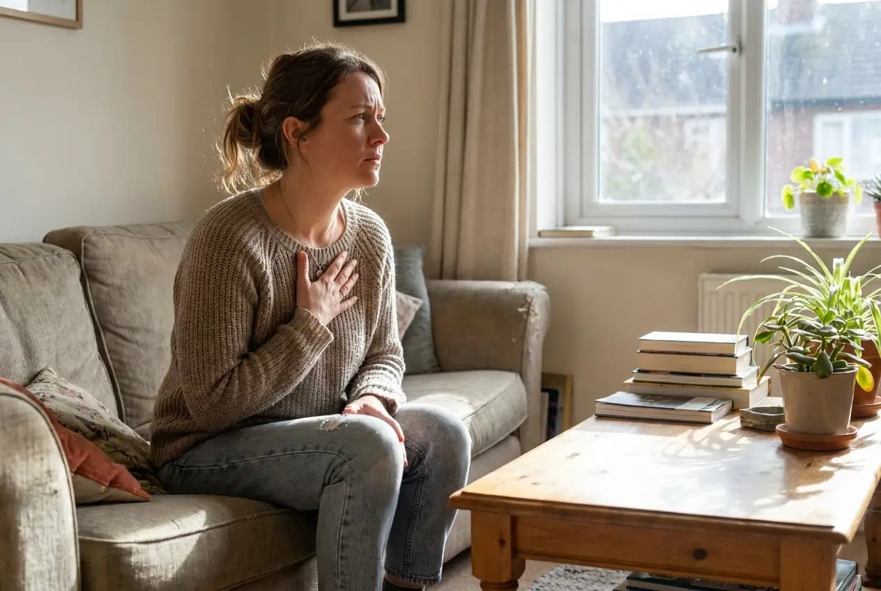 A woman in her 40s resting a hand on her chest as if feeling her heartbeat at home