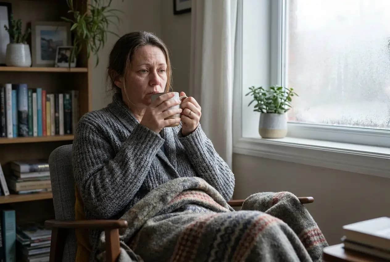 A woman in her 40s wrapped in a blanket and cardigan holding a warm mug, looking tired and cold at home