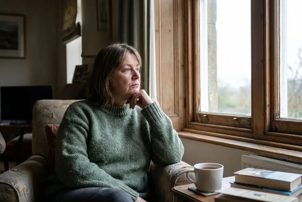 A woman in her 50s sitting by a window at home, looking a little tired and reflective