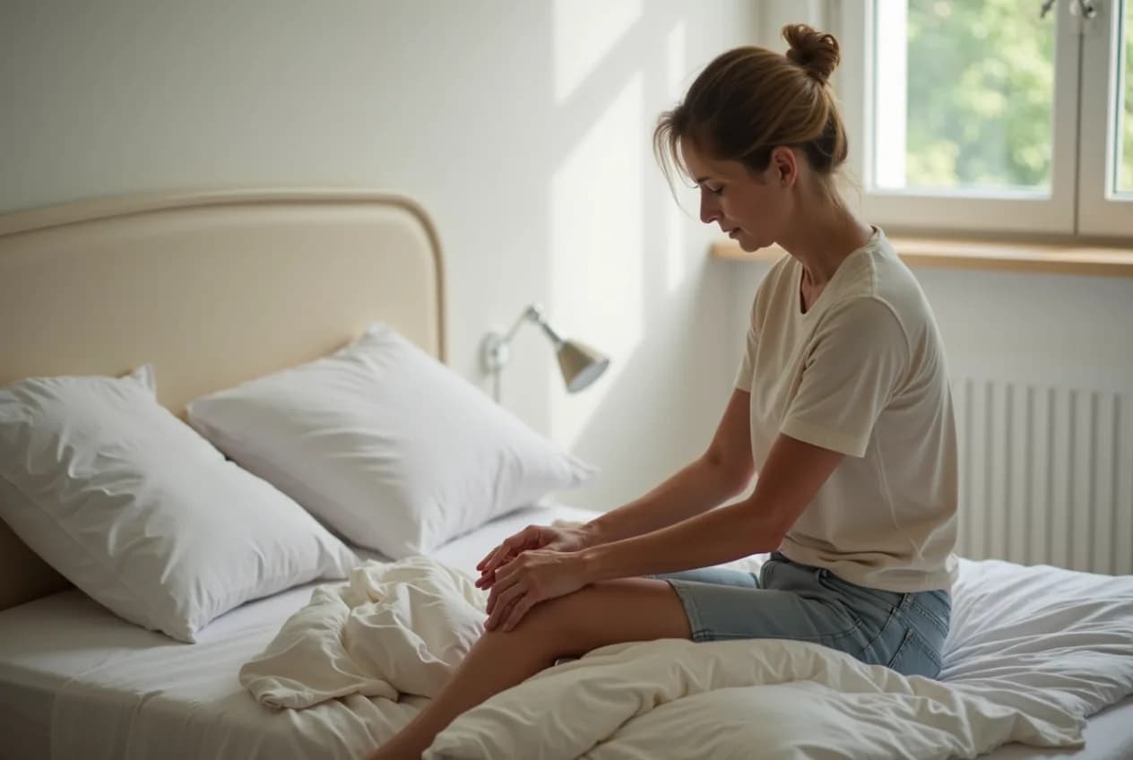 A woman in her 40s sitting on the edge of a bed rubbing a cramp in her calf