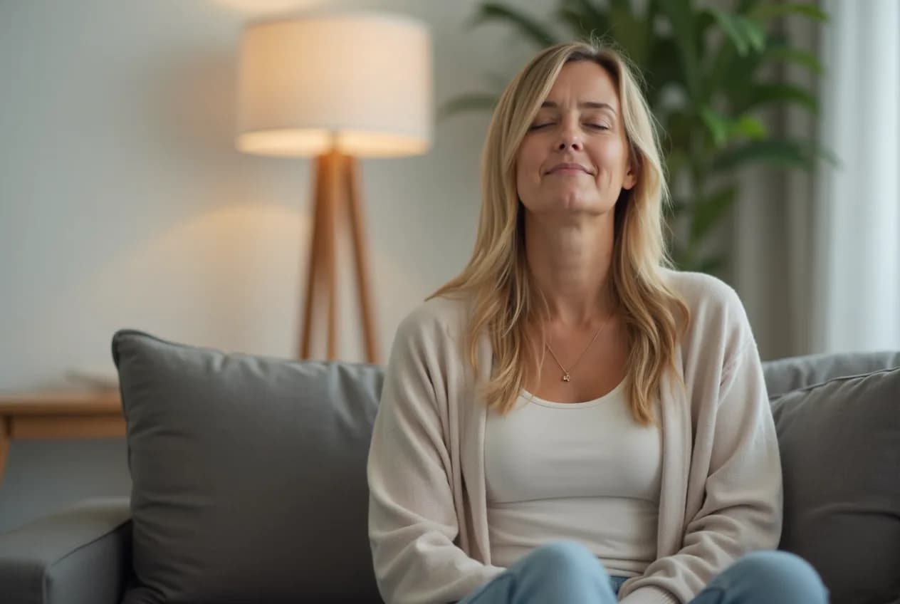 A calm woman in her 40s sitting on a sofa taking a relaxed breath with eyes closed