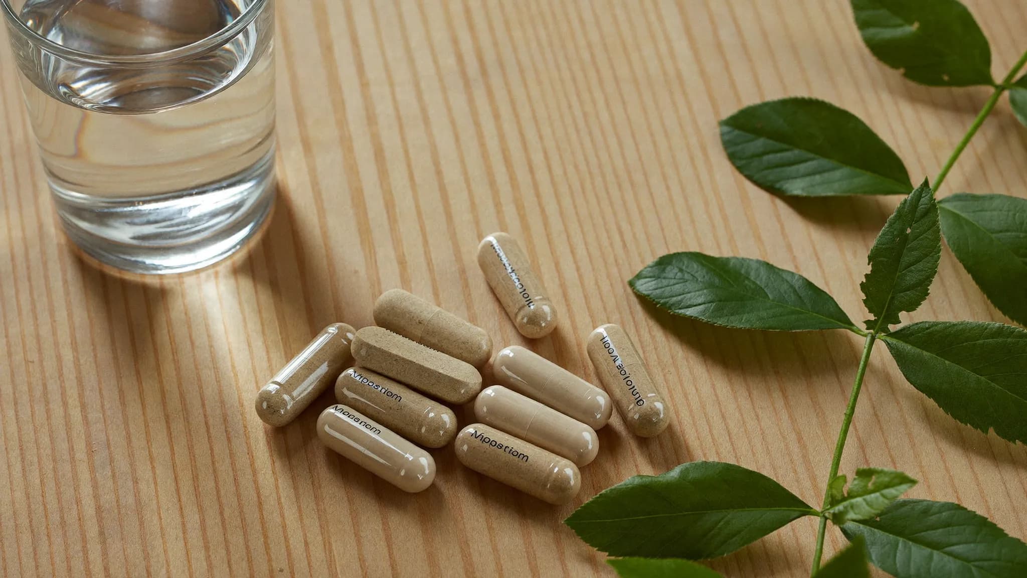 Natural magnesium supplement capsules beside a glass of water and green leaves.