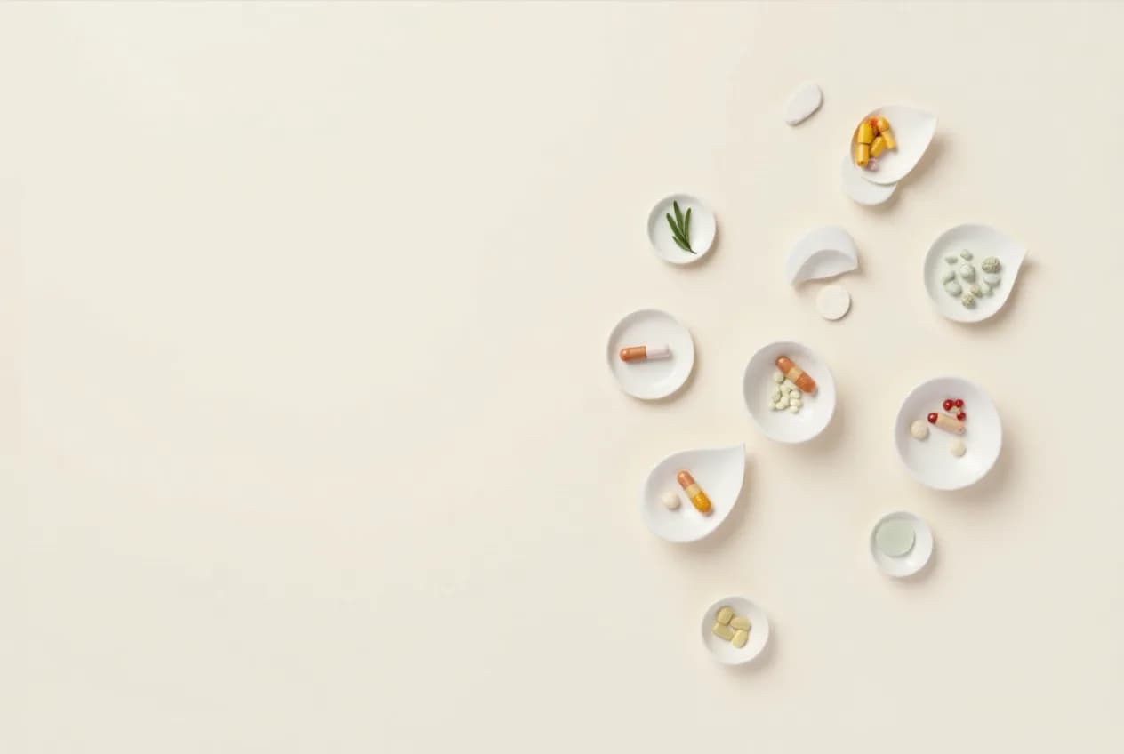An overhead flat-lay of several small dishes holding different-colored supplement capsules and tablets