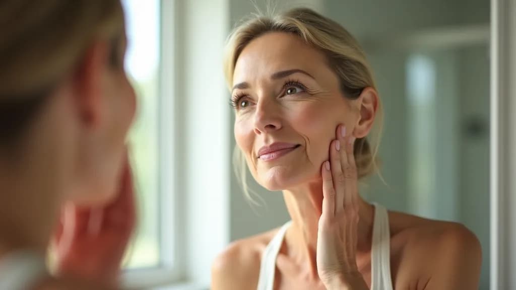 A woman in her early fifties examining her jawline and chin in a bathroom mirror in soft daylight