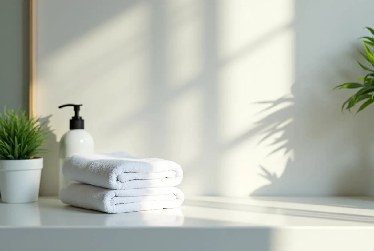 A woman in her fifties standing at an open window in a light bedroom, holding a linen shirt, morning light on her face