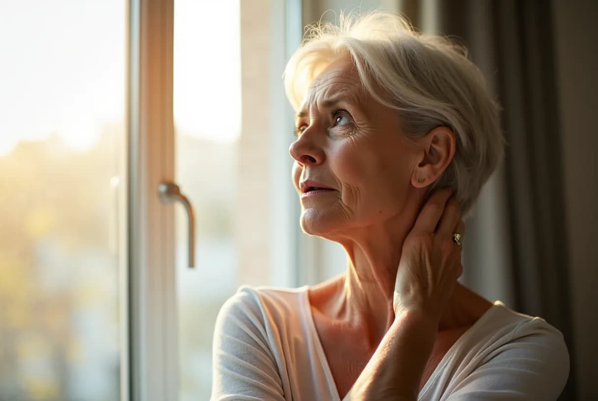 Woman in her early fifties sitting at a kitchen table, one hand lifted to the back of her neck, eyes closed for a moment