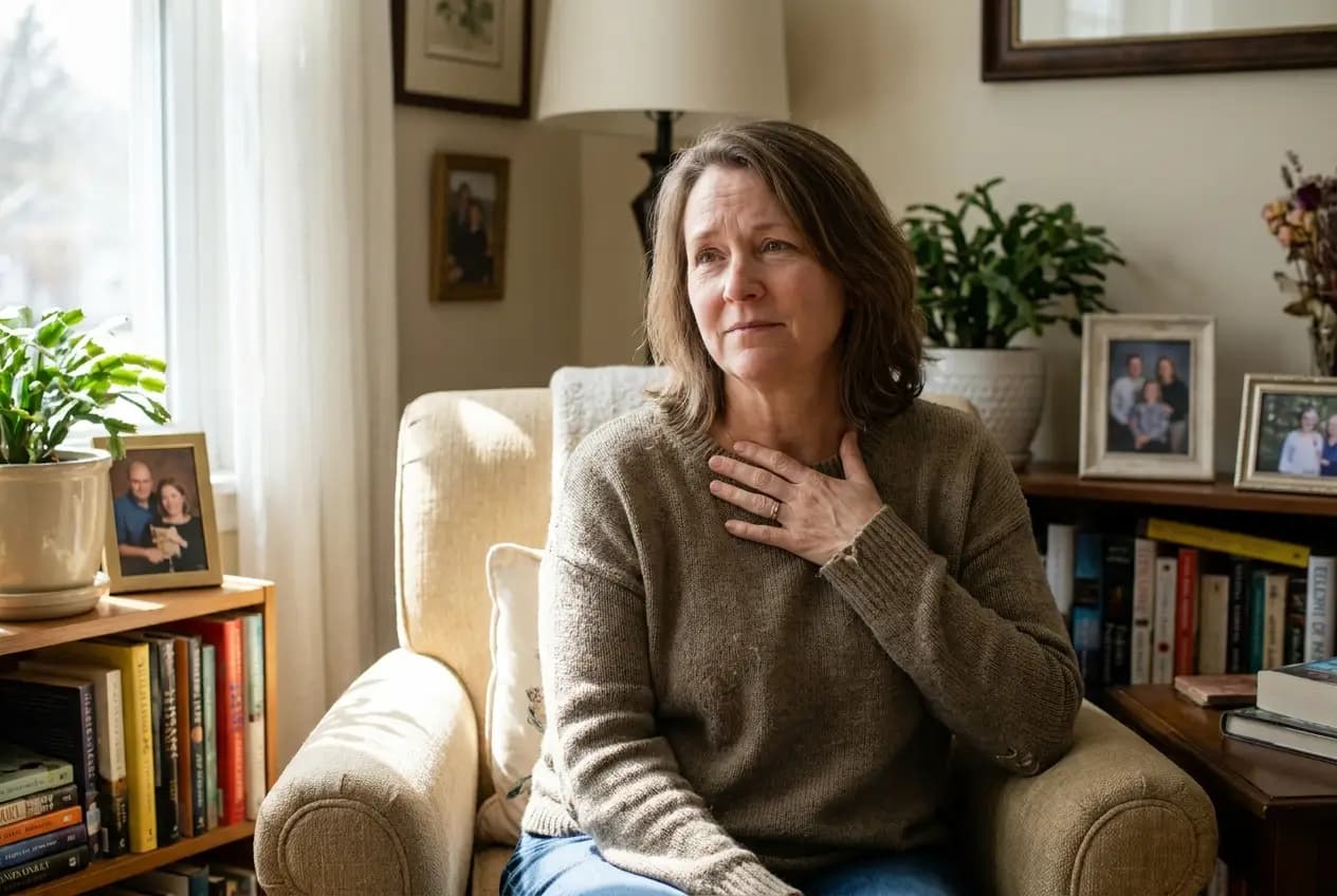 A woman in her 50s resting a hand on her chest, taking a calm breath at home