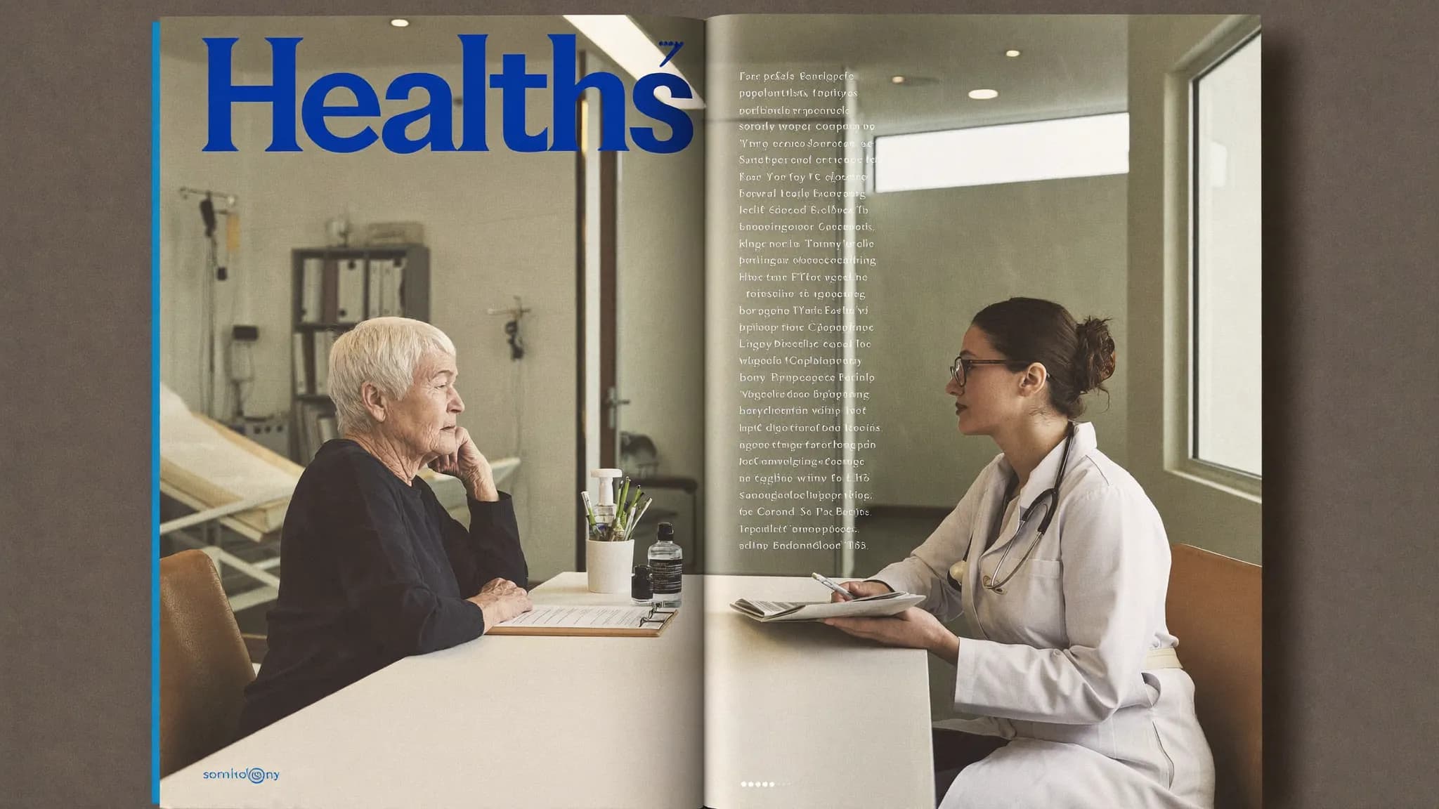 A woman in her late forties having a calm consultation with a doctor in a bright clinic.