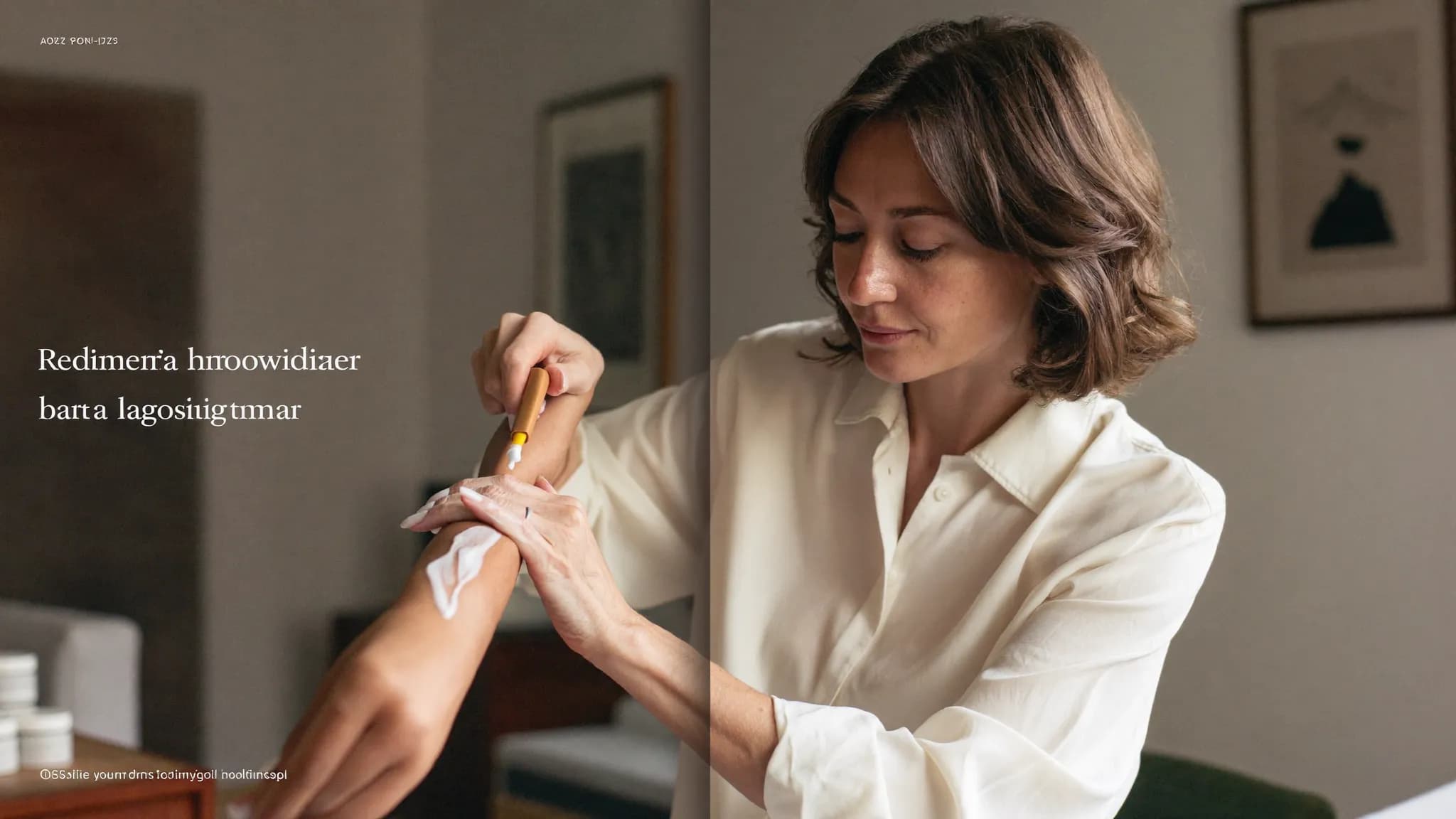 A woman in her early fifties applying moisturizer to her forearm at home.