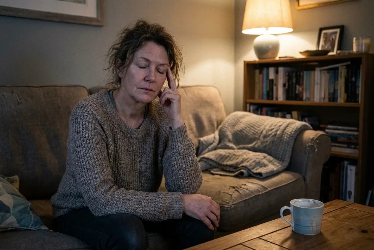 A woman in her 50s pressing her fingertips to her temple with a headache