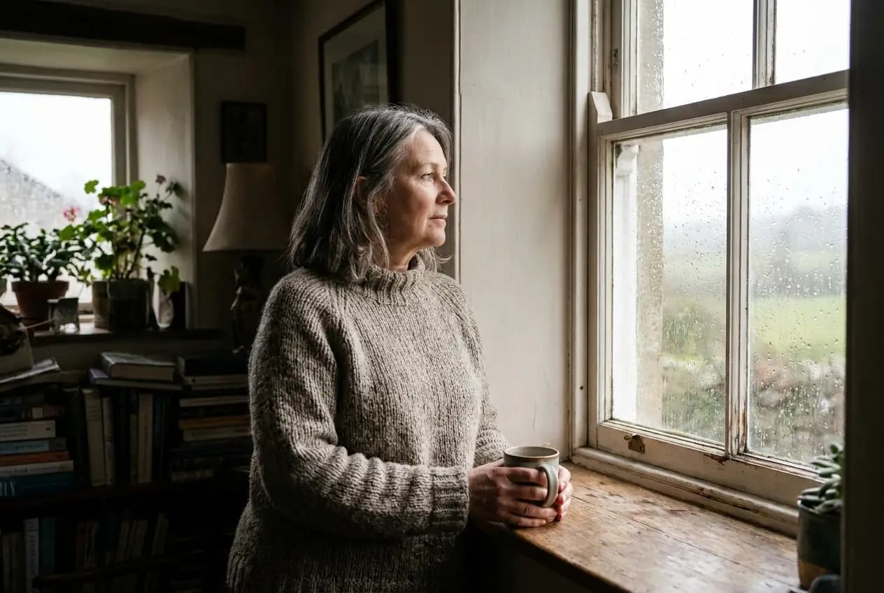 A woman in her 50s standing by a window looking reflective