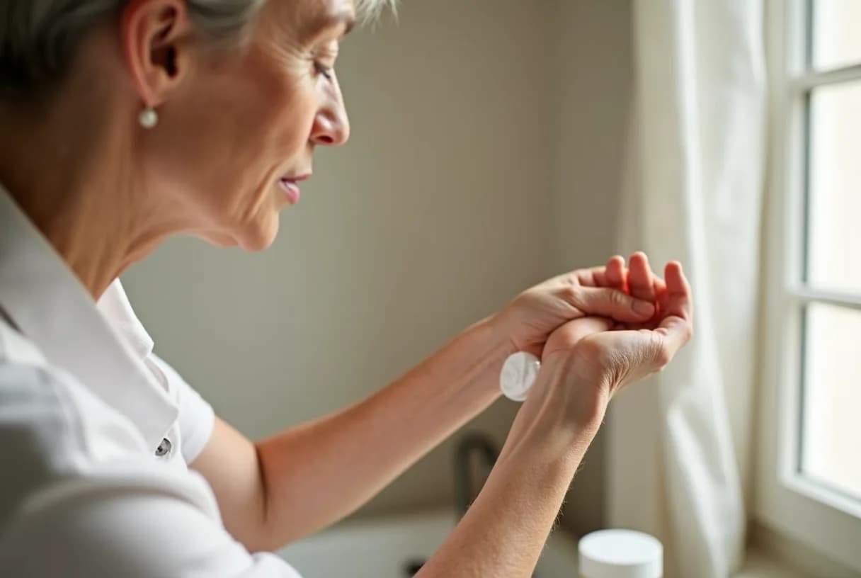 Close-up of a woman in her fifties gently applying moisturiser to a patch of dry, reddened skin on her forearm in natural daylight