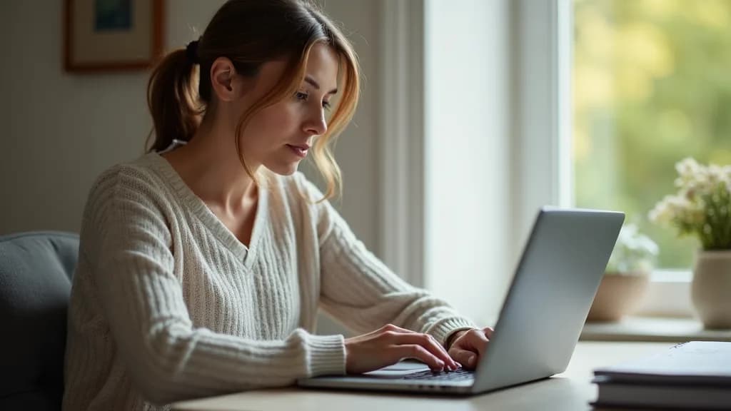 A woman in her forties searching for health information on a laptop at home in soft natural light