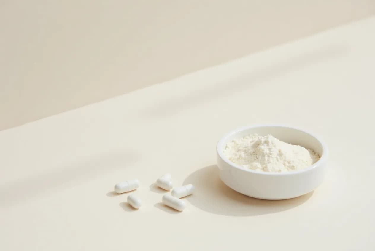 White supplement capsules and a small dish of fine white powder on a soft neutral surface