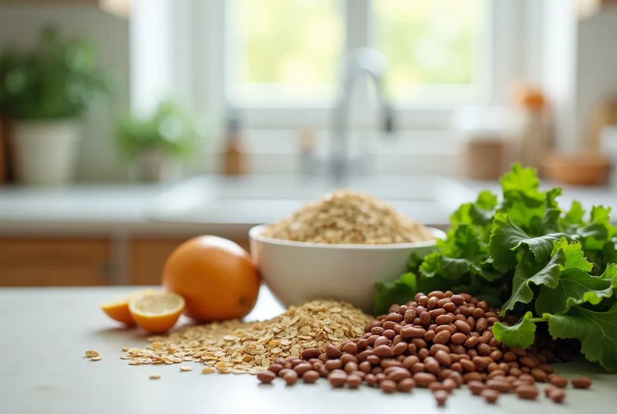A bowl of oats with chia seeds, a glass of water, and a protein-rich plate arranged on a kitchen counter beside a fibre supplement jar