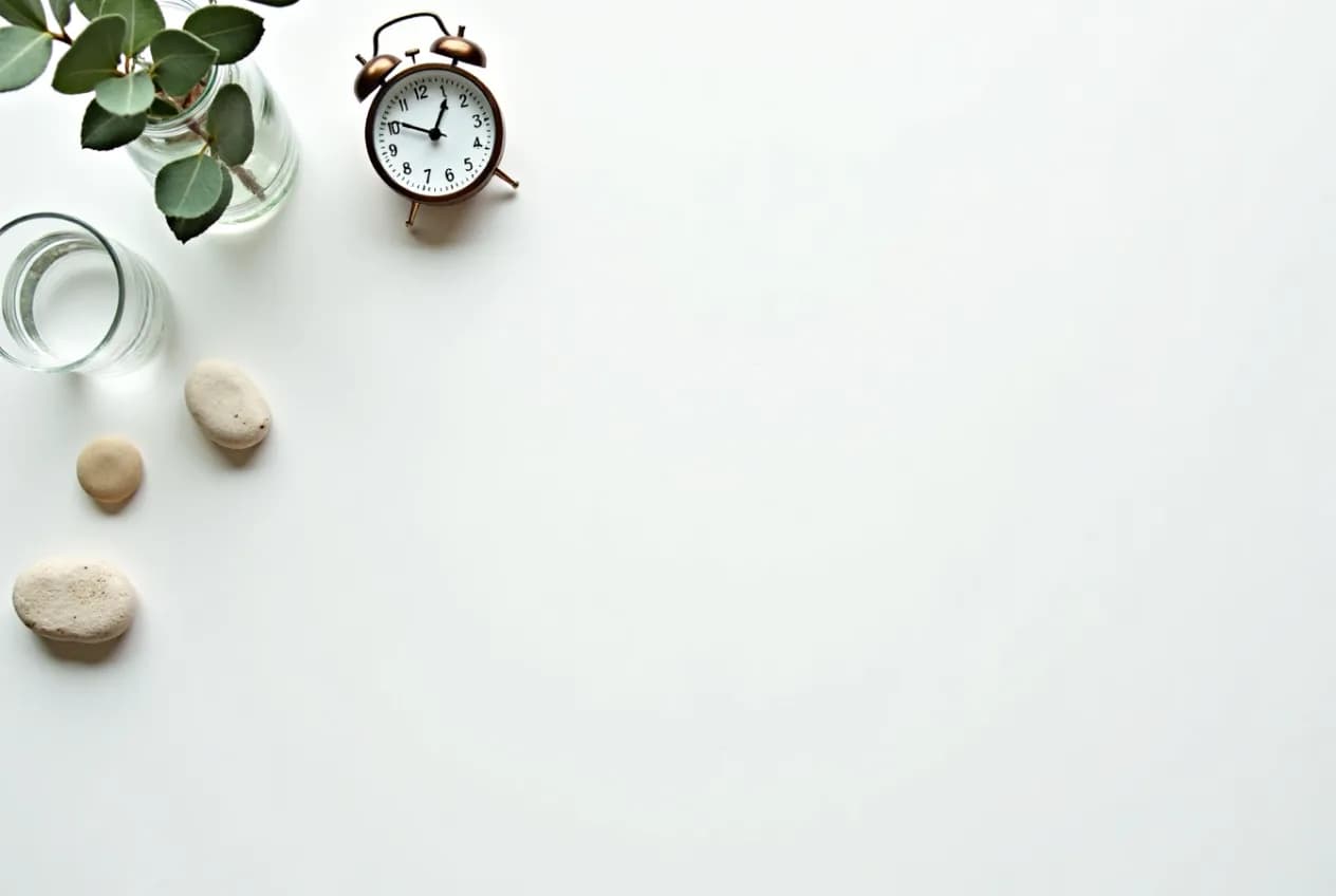 An overhead flat-lay of family-planning items — a calendar, a basal thermometer and a glass of water — on a neutral surface