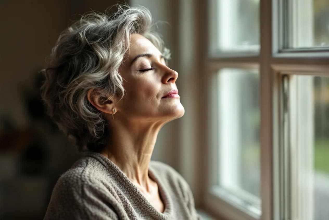 A calm woman in her 50s practising paced breathing by a bright window