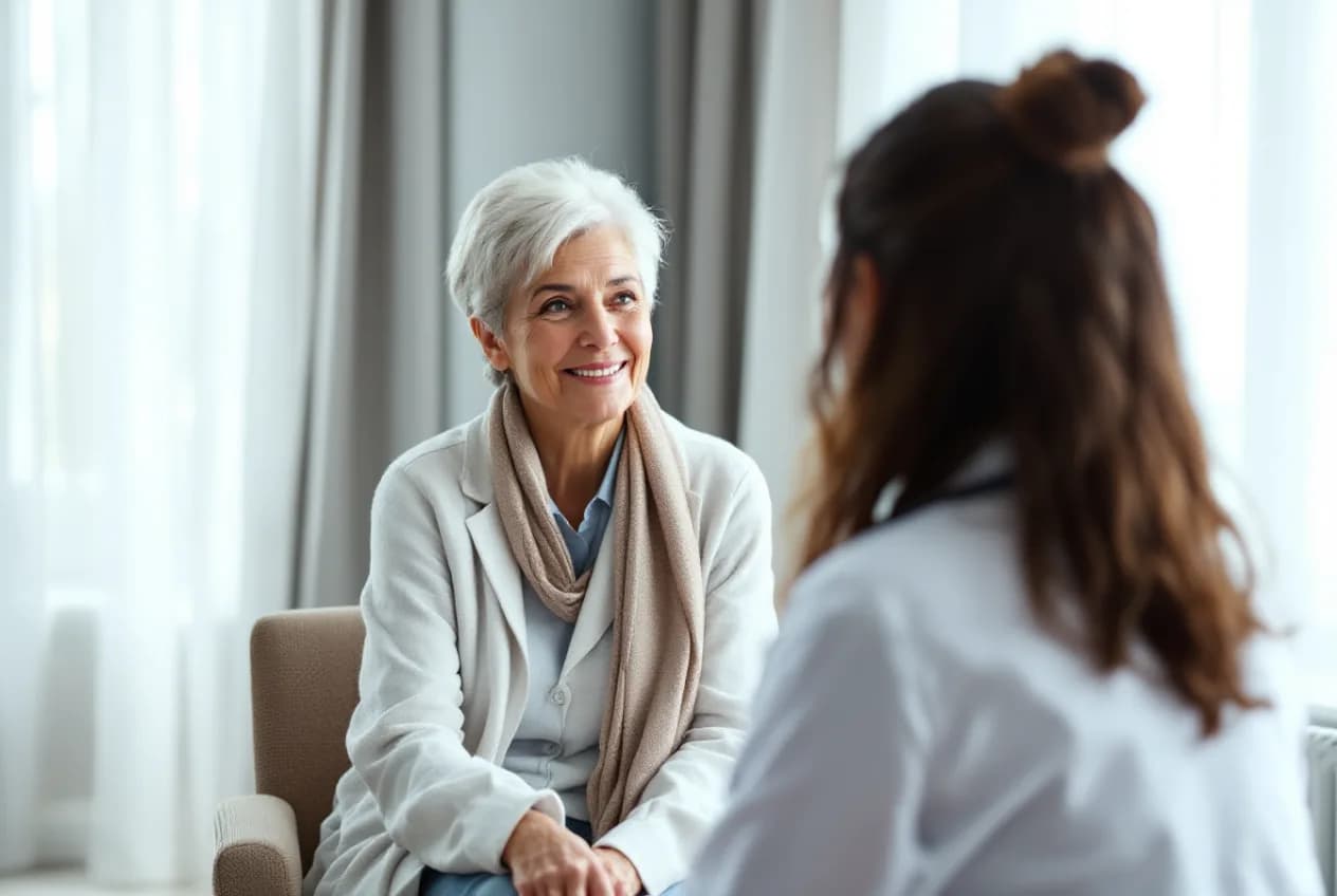 An older woman talking with a doctor in a clinic about her bone health